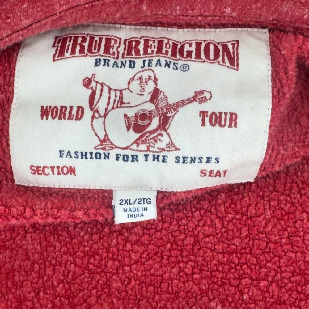True Religion Mens Red Heather Zip Up Hoodie Contrast Stitch Logo 2XL XXL